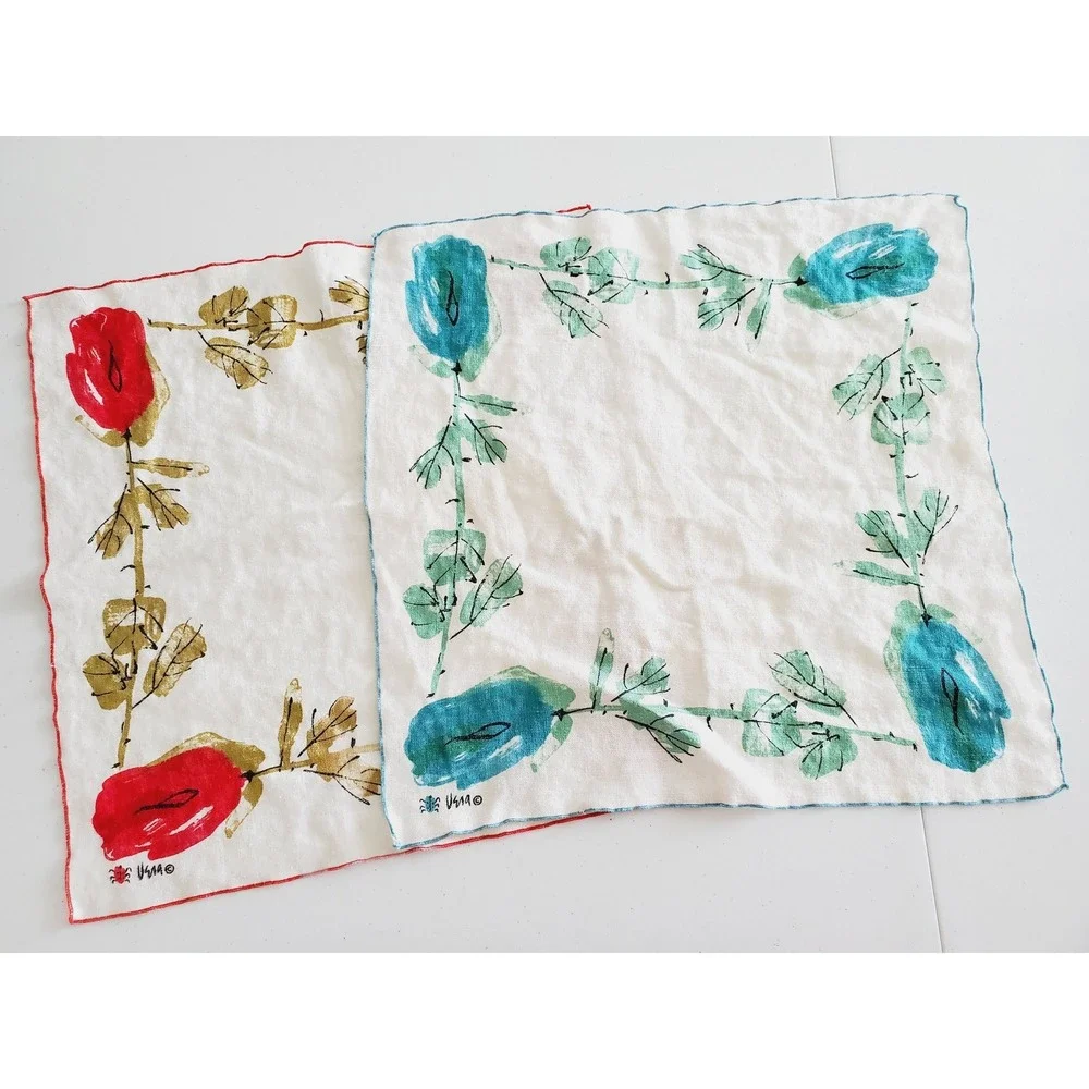 Vera Neumann Vintage‎ Linen Napkins Set 2 Red Teal Blue Rose Floral MCM 70s